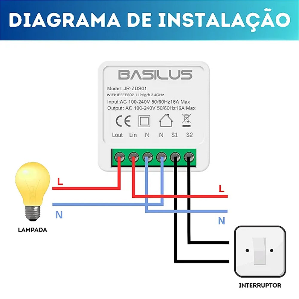 Mini interruptor Inteligente 16A AC100V-240V 50Hz/60Hz Compatibilidade com Alexa e Google Assistent - Basilus